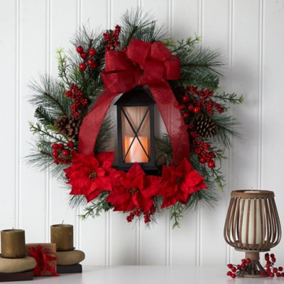 Image showing  28 in. Poinsettia Artificial Holiday Lantern Christmas Wreath with LED Candle, Berries and Bow