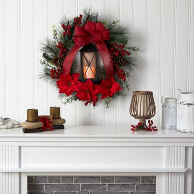 Image showing  28 in. Poinsettia Artificial Holiday Lantern Christmas Wreath with LED Candle, Berries and Bow