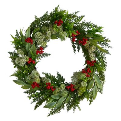 Nearly Natural 24 in. Cedar, Eucalyptus and Berries Artificial Christmas Wreath