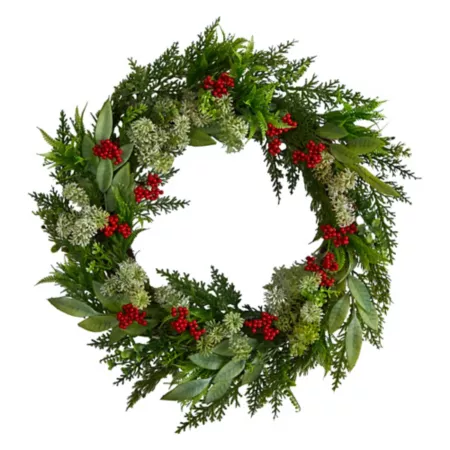 Nearly Natural 24" Artificial Christmas Wreath in Cedar Eucalyptus and Berries Artificial Christmas Wreaths