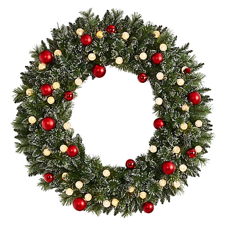 Nearly Natural 4 ft. Oversize Frosted Holiday Christmas Wreath with Ornaments and 40 LED Globe Lights