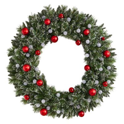 Image showing  4 ft. Oversize Frosted Holiday Christmas Wreath with Ornaments and 40 LED Globe Lights