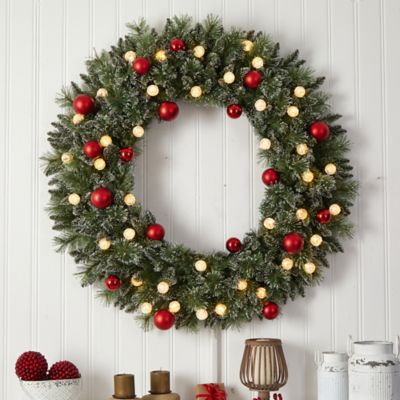 Image showing  4 ft. Oversize Frosted Holiday Christmas Wreath with Ornaments and 40 LED Globe Lights