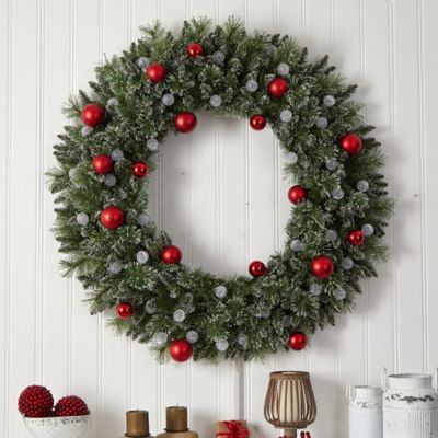 Image showing  4 ft. Oversize Frosted Holiday Christmas Wreath with Ornaments and 40 LED Globe Lights