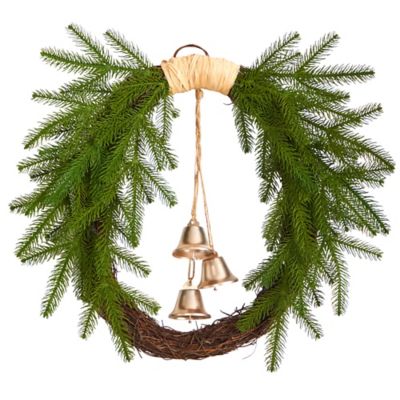 Nearly Natural 24 in. Holiday Christmas Pine and Hanging Bells Wreath