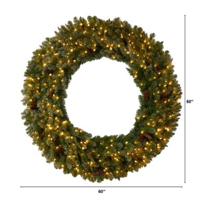 Image showing  5 ft. Flocked Artificial Christmas Wreath with Pine Cones, Clear LED Lights and Bendable Branches