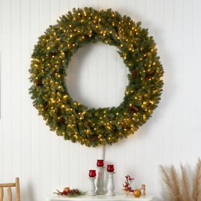Image showing  5 ft. Flocked Artificial Christmas Wreath with Pine Cones, Clear LED Lights and Bendable Branches