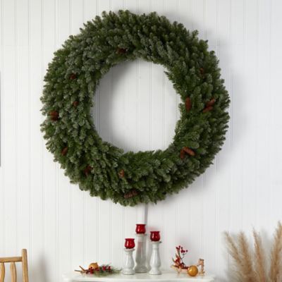 Image showing  5 ft. Flocked Artificial Christmas Wreath with Pine Cones, Clear LED Lights and Bendable Branches