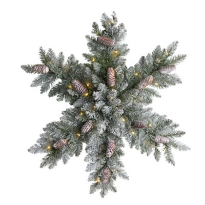 Nearly Natural 30 in. Flocked Snowflake Artificial Dunhill Fir Holiday Wreath with Pine Cones and LED Lights