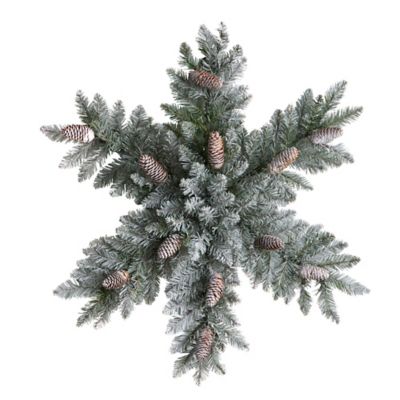 Image showing  30 in. Pre-Lit Flocked Snowflake Dunhill Fir Artificial Holiday Wreath with Pine Cones