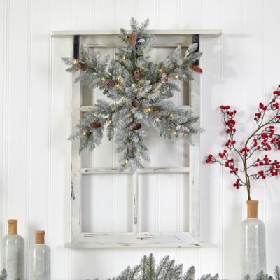 Image showing  30 in. Pre-Lit Flocked Snowflake Dunhill Fir Artificial Holiday Wreath with Pine Cones