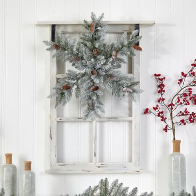 Image showing  30 in. Pre-Lit Flocked Snowflake Dunhill Fir Artificial Holiday Wreath with Pine Cones