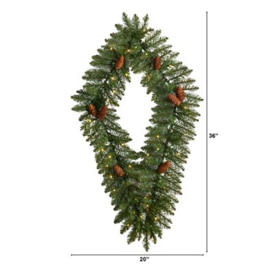 Image showing  3 ft. Pre-Lit Geometric Diamond Artificial Christmas Wreath with Pine Cones, Warm White LED Lights