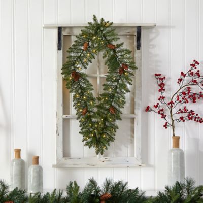 Image showing  3 ft. Pre-Lit Geometric Diamond Artificial Christmas Wreath with Pine Cones, Warm White LED Lights