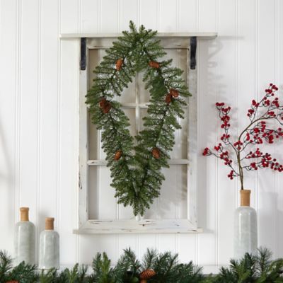 Image showing  3 ft. Pre-Lit Geometric Diamond Artificial Christmas Wreath with Pine Cones, Warm White LED Lights