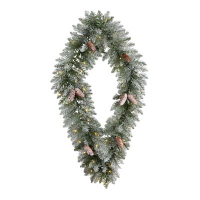 Nearly Natural 3 ft. Geometric Diamond Frosted Artificial Christmas Wreath with Pine Cones and Warm White LED Lights