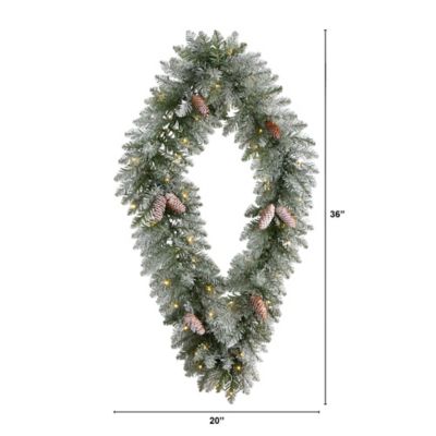 Image showing  3 ft. Pre-Lit Geometric Diamond Frosted Artificial Christmas Wreath with Pine Cones, Warm White LED Lights