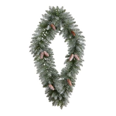 Image showing  3 ft. Pre-Lit Geometric Diamond Frosted Artificial Christmas Wreath with Pine Cones, Warm White LED Lights