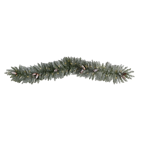 Nearly Natural 6 ft. Frosted Artificial Christmas Garland with Pine Cones and Warm White LED Lights