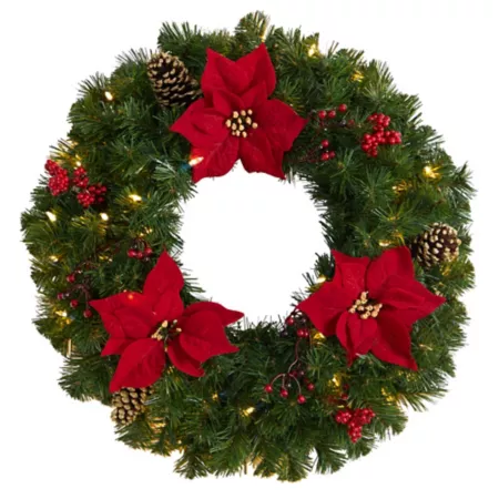 Nearly Natural 24" Artificial Poinsettia Berry and Pine Cone Wreath with Warm White LED Lights Artificial Christmas Wreaths