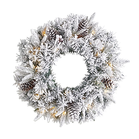 Nearly Natural 20 in. Flocked Artificial Christmas Wreath with Warm White LED Lights