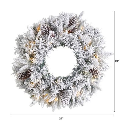 Image showing 1 th Nearly Natural 20 in. Pre-Lit Flocked Artificial Christmas Wreath, Warm White LED Lights