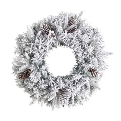 Image showing 2 th Nearly Natural 20 in. Pre-Lit Flocked Artificial Christmas Wreath, Warm White LED Lights