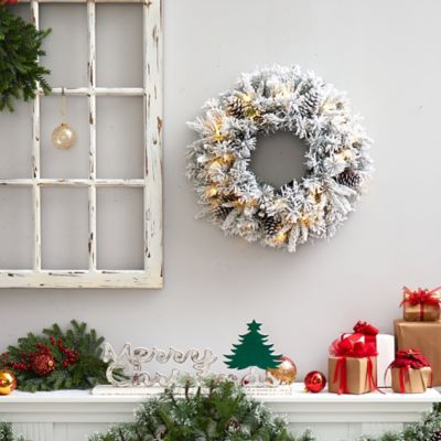 Image showing 3 th Nearly Natural 20 in. Pre-Lit Flocked Artificial Christmas Wreath, Warm White LED Lights