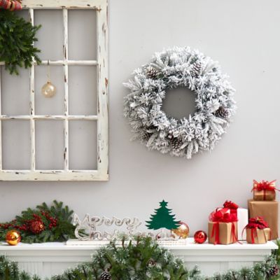 Image showing 4 th Nearly Natural 20 in. Pre-Lit Flocked Artificial Christmas Wreath, Warm White LED Lights