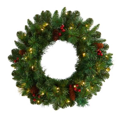 Nearly Natural 20 in. Frosted Pine Artificial Christmas Wreath with Pine Cones, Berries and Warm White LED Lights