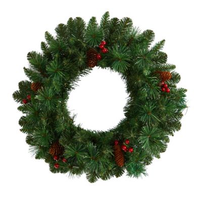 Image showing  20 in. Frosted Pine Artificial Christmas Wreath with Pine Cones, Berries and Warm White LED Lights