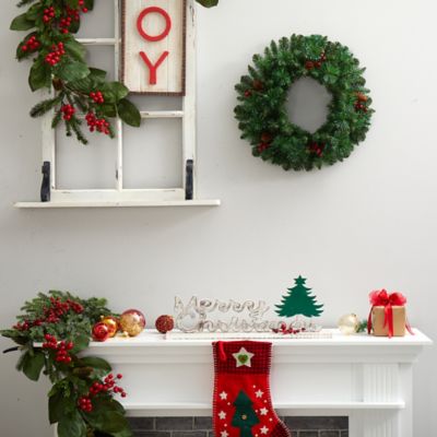 Image showing  20 in. Frosted Pine Artificial Christmas Wreath with Pine Cones, Berries and Warm White LED Lights