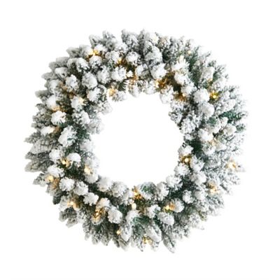 Nearly Natural 24 in. Flocked Artificial Christmas Wreath with Bendable Branches and Warm White LED Lights