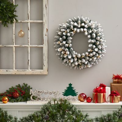 Image showing  24 in. Flocked Artificial Christmas Wreath with Bendable Branches and Warm White LED Lights