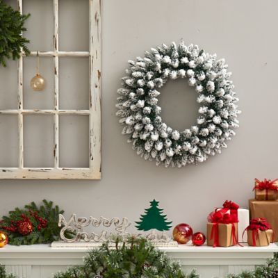 Image showing  24 in. Flocked Artificial Christmas Wreath with Bendable Branches and Warm White LED Lights