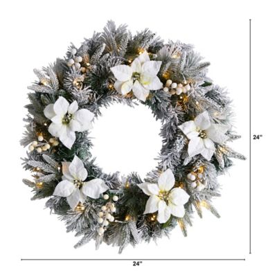 Image showing  24 in. Flocked Poinsettia and Pine Artificial Christmas Wreath with Warm White LED Lights