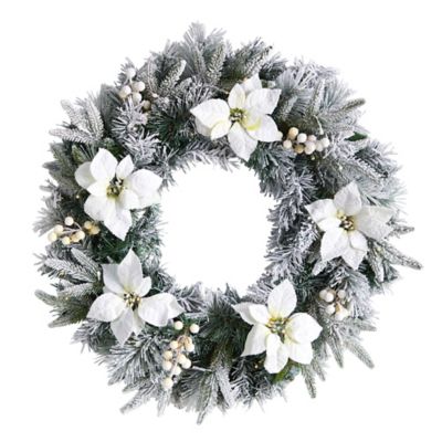 Image showing  24 in. Flocked Poinsettia and Pine Artificial Christmas Wreath with Warm White LED Lights