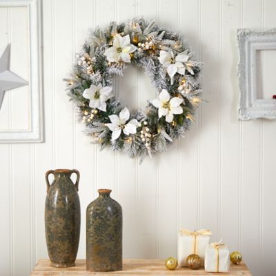 Image showing  24 in. Flocked Poinsettia and Pine Artificial Christmas Wreath with Warm White LED Lights