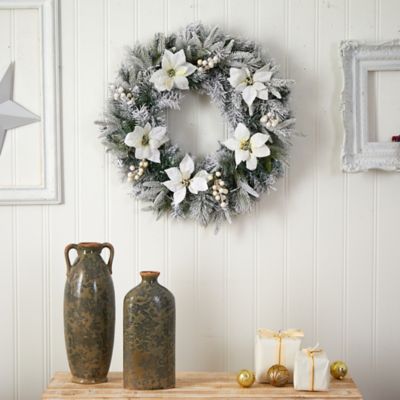 Image showing  24 in. Flocked Poinsettia and Pine Artificial Christmas Wreath with Warm White LED Lights