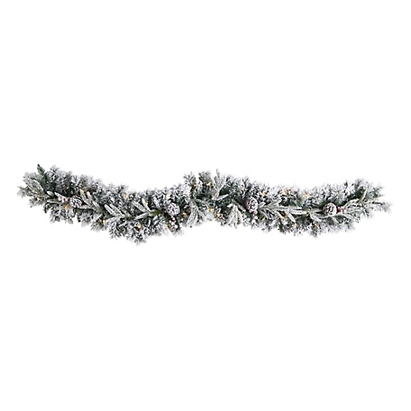 Nearly Natural 6 ft. Flocked Artificial Christmas Garland with Pine Cones and Warm White LED Lights
