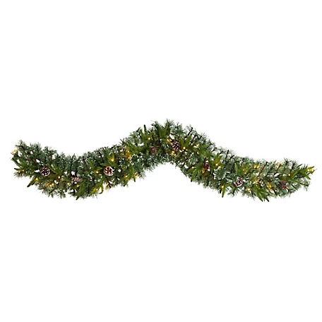 Nearly Natural 6 ft. Snow-Tipped Christmas Artificial Garland with 35 Clear LED Lights and Pine Cones