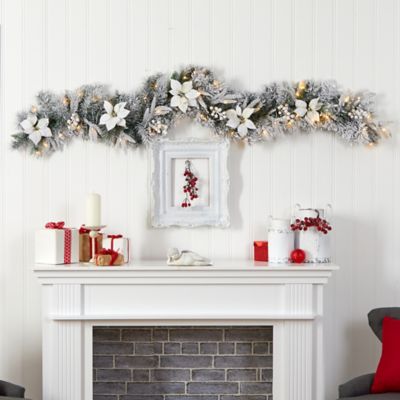 Image showing  6 ft. Flocked Poinsettia and Berry Artificial Christmas Garland with Warm White LED Lights