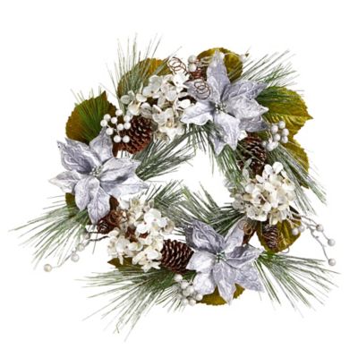 Nearly Natural 24 in. Silver Poinsettia, Hydrangea and Pine Cones Artificial Christmas Wreath