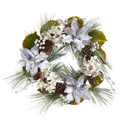 Nearly Natural 24 in. Silver Poinsettia and Hydrangea Artificial Christmas Wreath with Pine Cones