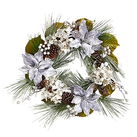 Nearly Natural 24 in. Silver Poinsettia, Hydrangea and Pine Cones Artificial Christmas Wreath