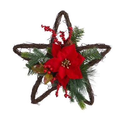 Nearly Natural 16 in. Holiday Christmas Poinsettia Star Twig Wreath