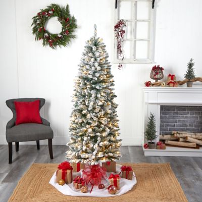Image showing 6 th Nearly Natural 6 ft. Slim Flocked Montreal Fir Artificial Christmas Tree with Warm White LED Lights and Bendable Branches