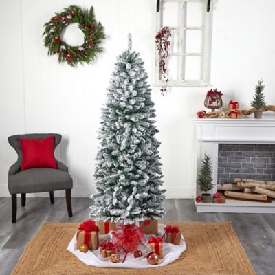 Image showing 7 th Nearly Natural 6 ft. Slim Flocked Montreal Fir Artificial Christmas Tree with Warm White LED Lights and Bendable Branches