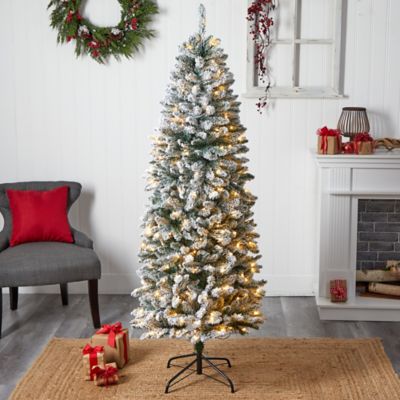 Image showing 8 th Nearly Natural 6 ft. Slim Flocked Montreal Fir Artificial Christmas Tree with Warm White LED Lights and Bendable Branches