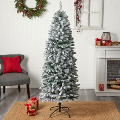 Image showing 9 th Nearly Natural 6 ft. Slim Flocked Montreal Fir Artificial Christmas Tree with Warm White LED Lights and Bendable Branches